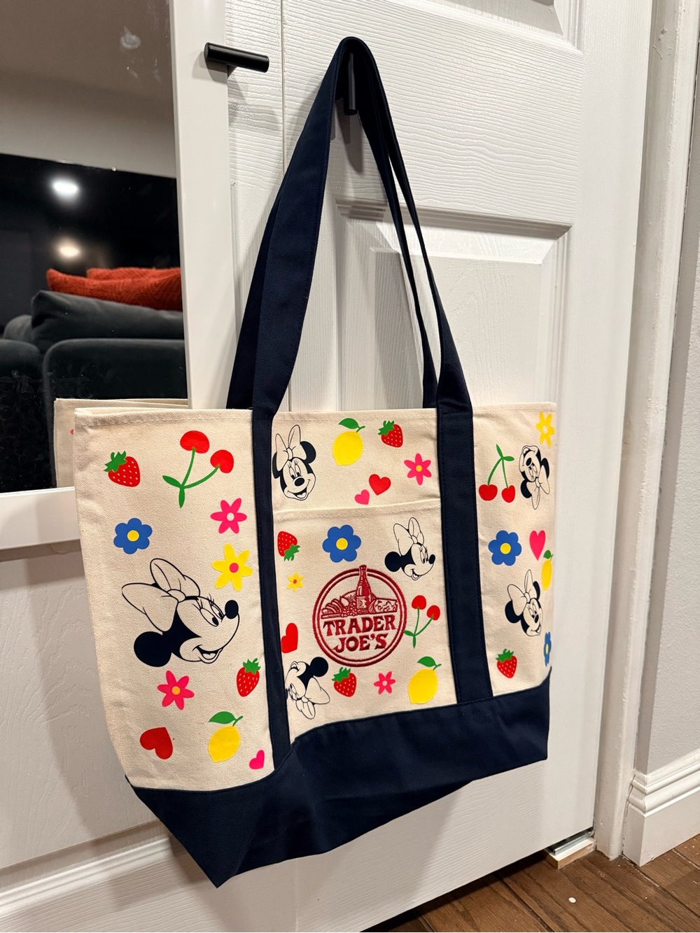 Custom Trader Joe's Minnie Floral Canvas Tote in Natural & Navy